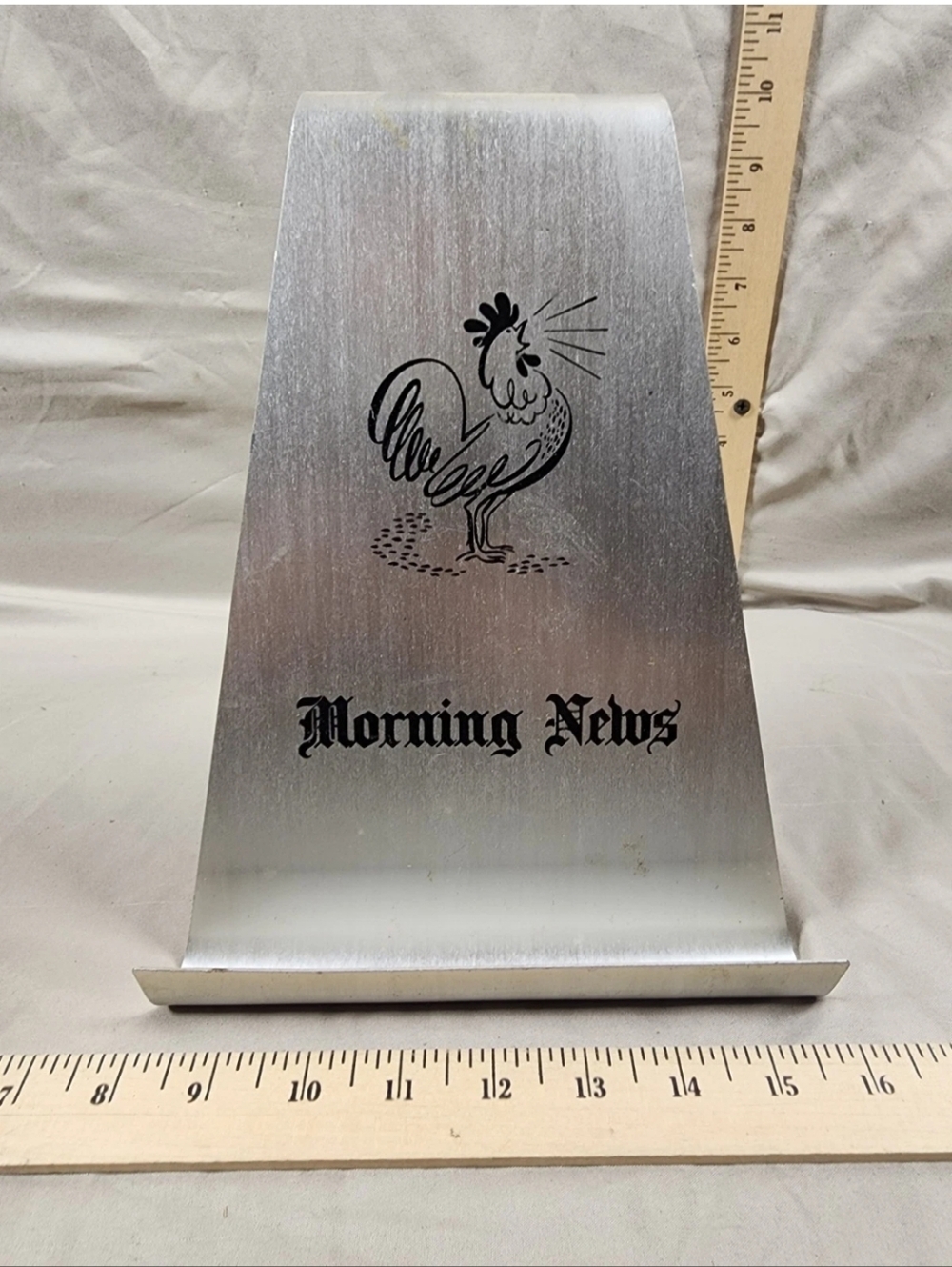 Vintage Mid Mod Aluminum Rooster MORNING NEWS Newspaper Stand Wife's Side